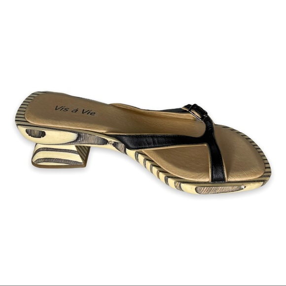 Vis a Vié Low Wooden Block Heel Mule Sandals Open Toe Cut Out Vamp - Picture 8 of 9